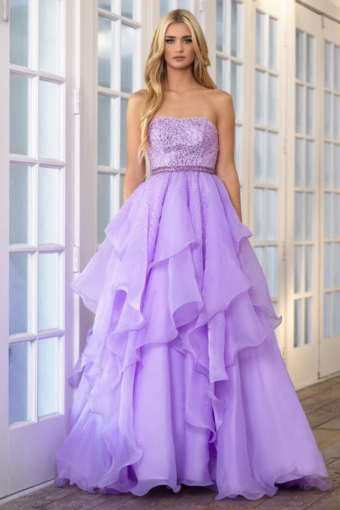 Ava Presley 39561 lilac ball gown with strapless beaded bodice and tiered skirt