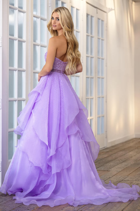 Ava Presley 39561 strapless lilac gown with layered ruffle skirt and elegant details
