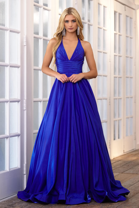 Ava Presley 39562 formal gown with deep V-neckline and ruched bodice