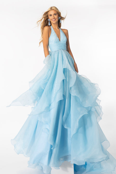 Ava Presley 39560 deep V-neck halter gown with layered skirt
