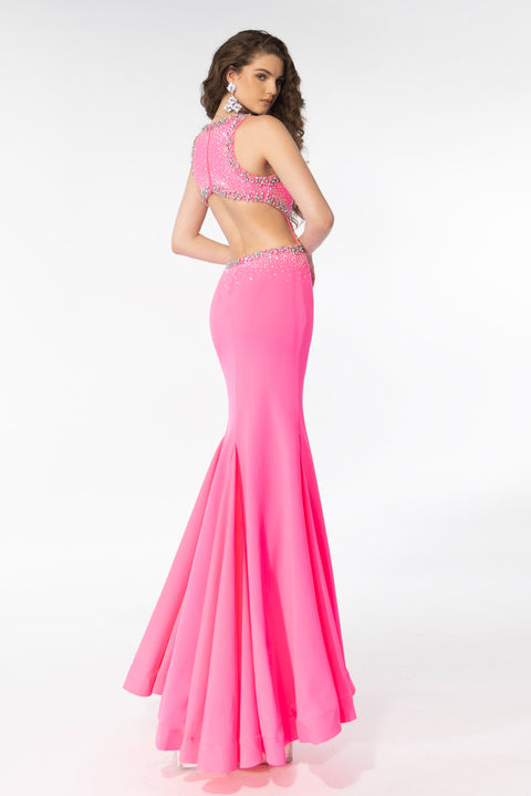 Ava Presley 39237 sleek gown with high slit and stone trim