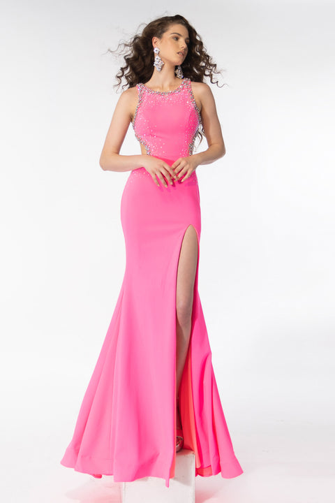 Ava Presley 39237 fitted dress with bold thigh-high slit and embellishments