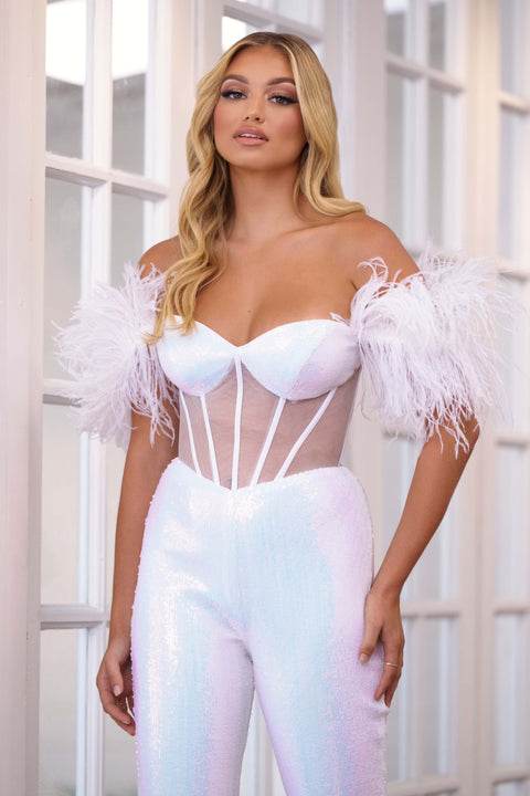 Ava Presley 39577 bold strapless jumpsuit with intricate beadwork