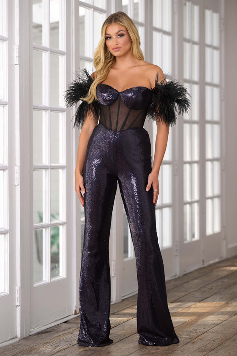 Ava Presley 39577 beaded pageant jumpsuit with dramatic feathers