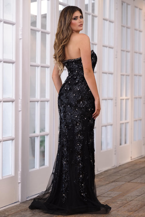 Ava Presley 39263 strapless evening dress with sequin floral design