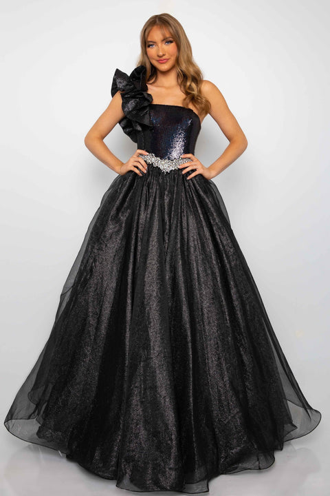 Ava Presley 28283 prom dress with dramatic ruffle shoulder and embellished bodice