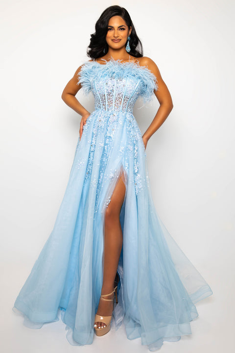 Ava Presley 39232 evening ballgown with lace and feathers