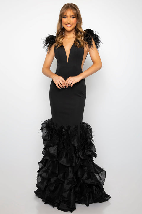 Ava Presley 39312 formal gown with ruffled organza train