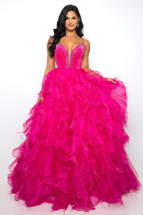 Ava Presley 39554 formal evening dress featuring deep neckline and layered skirt