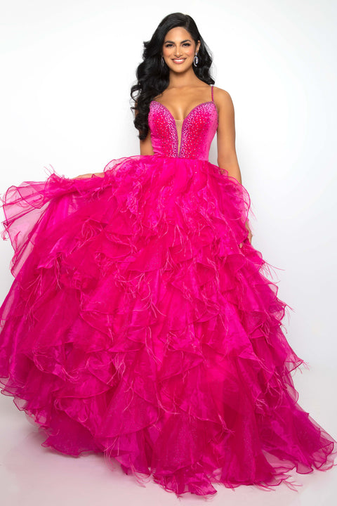 Ava Presley 39554 beaded prom gown with cascading ruffle skirt