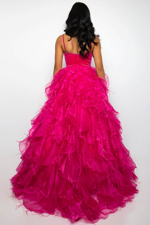Ava Presley 39554 stunning pageant gown with dramatic ruffles and plunging neckline