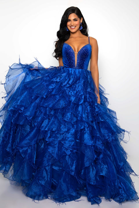 Ava Presley 39554 ruffled evening gown with embellished bodice detail