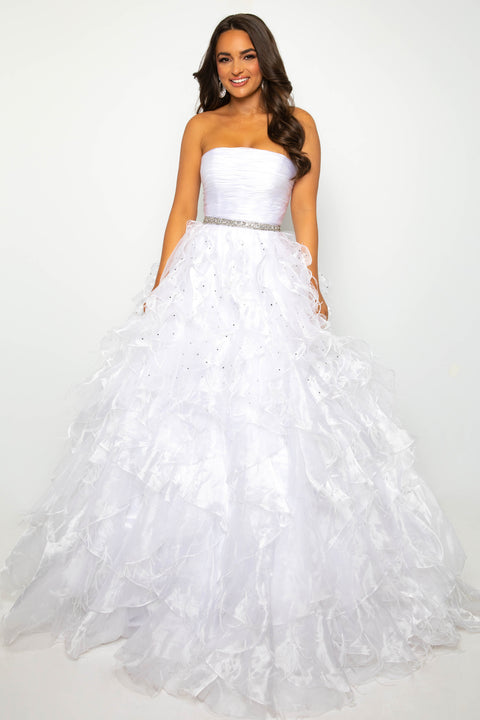 Ava Presley 39555 gown with cascading ruffle skirt and sparkling belt