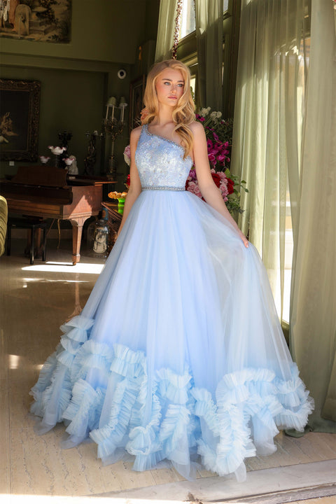 Ava Presley 29527 beaded bodice gown with tulle skirt