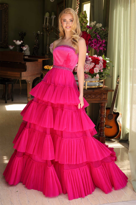 Ava Presley 29529 strapless tiered ruffle gown