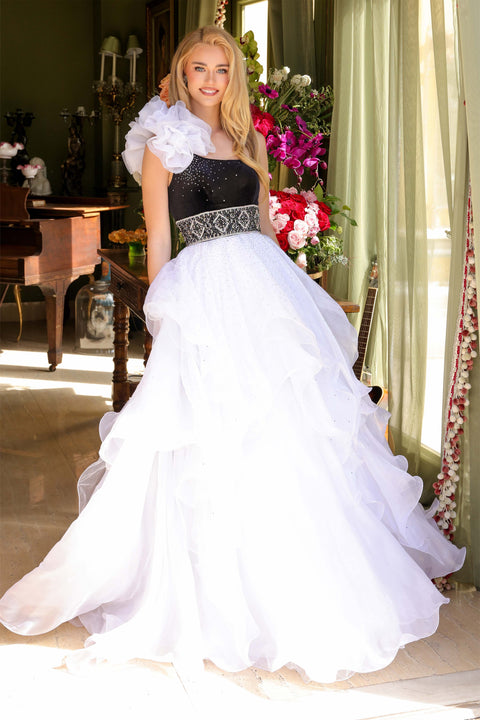 Ava Presley 39557 one-shoulder ball gown with ruffle organza skirt