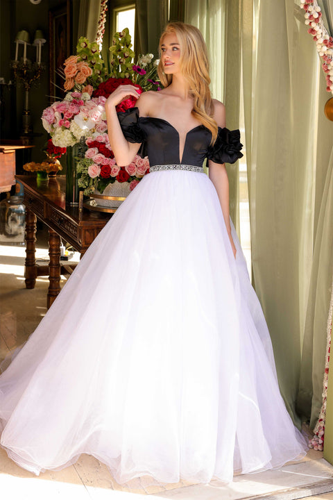 Ava Presley 39581 off-the-shoulder gown with crystal belt