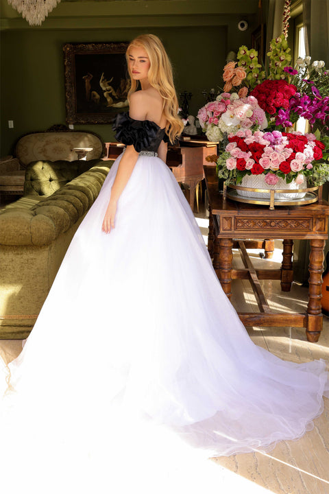 Ava Presley 39581 elegant satin dress with voluminous tulle skirt