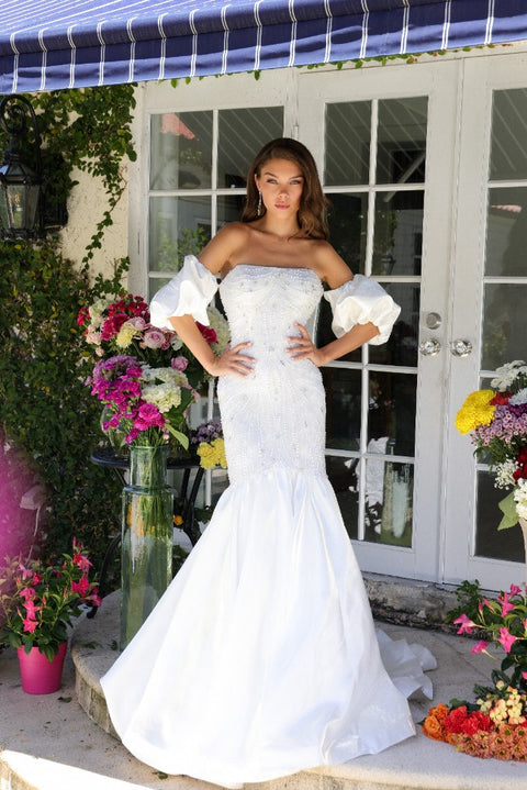 Ava Presley 29243 off-the-shoulder mermaid gown with puff sleeves