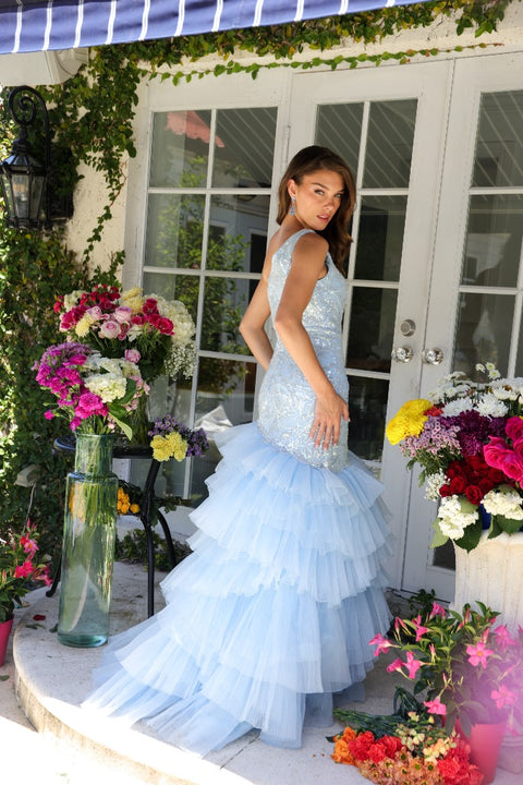 Ava Presley 29254 elegant asymmetrical neckline dress in soft blue