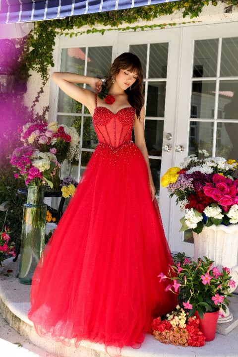 Ava Presley 29530 vibrant red formal gown with sparkling corset top