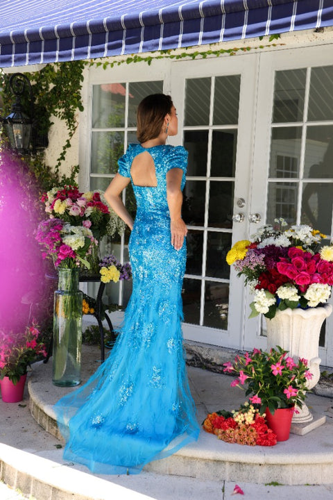 Ava Presley 39552 dazzling puff sleeve formal gown