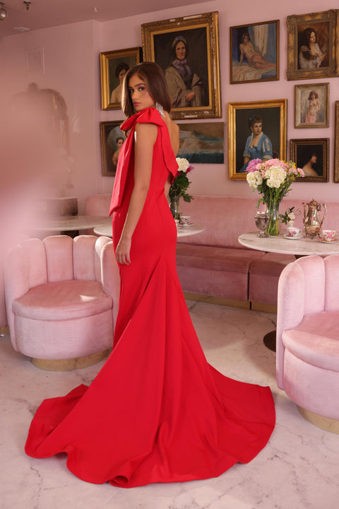 Ava Presley 40023 elegant red dress with dramatic shoulder detail