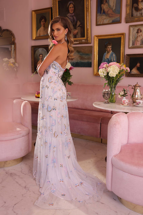 Ava Presley 47045 whimsical gown with butterfly embroidery