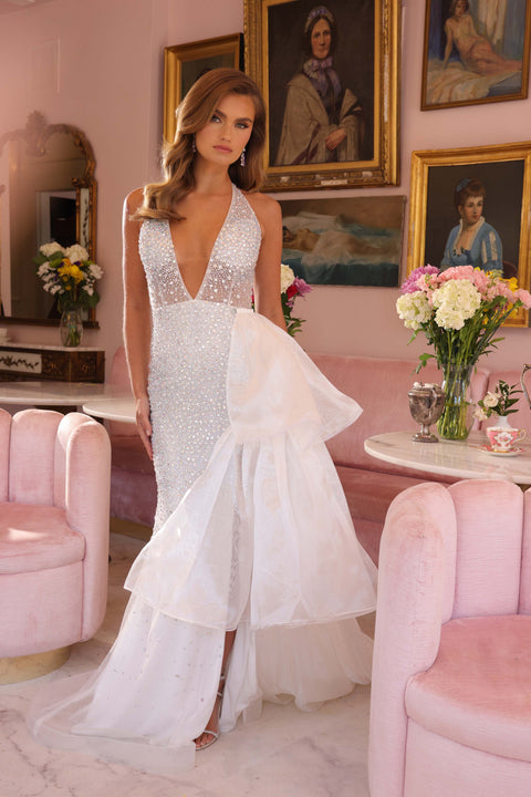 Ava Presley 40064 halter formal dress with cascading waist drape