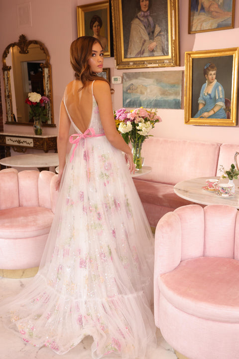 Ava Presley 47013 black gown with bold pink waist accent