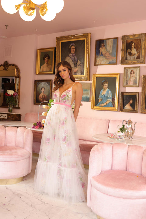 Ava Presley 47013 black sequin gown with flowing tulle skirt