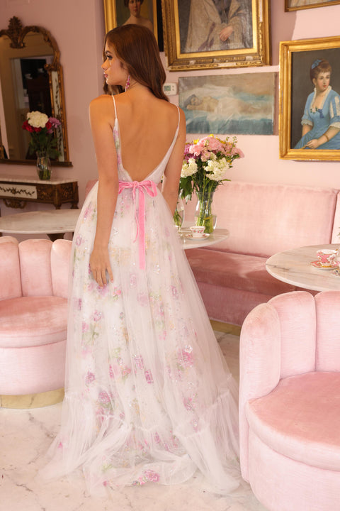 Ava Presley 47013 V-neck gown with floral applique and belt