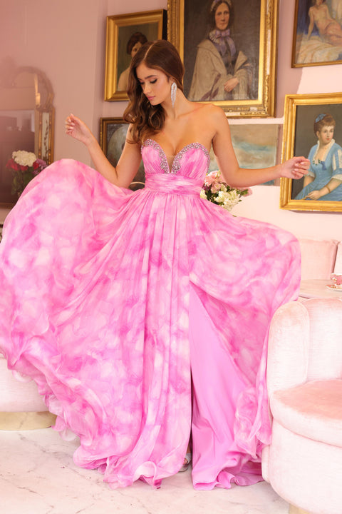 Ava Presley 40116 elegant chiffon gown with flowing skirt