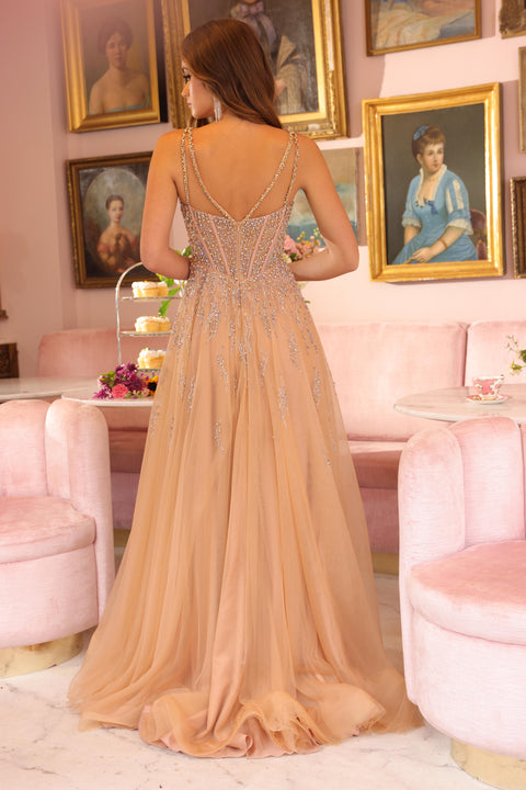 Ava Presley 40113 illusion bodice dress with modern slit