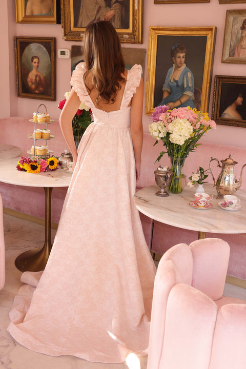 Ava Presley 40095 blush pink dress with side slit and fitted bodice