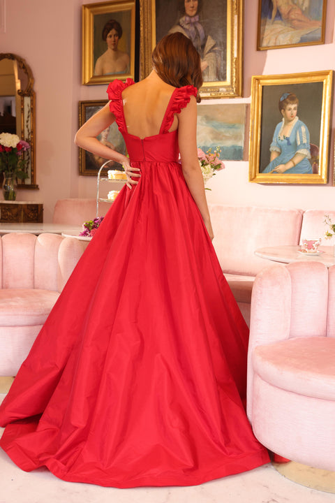 Ava Presley 40094 red evening gown with playful ruffled shoulder details