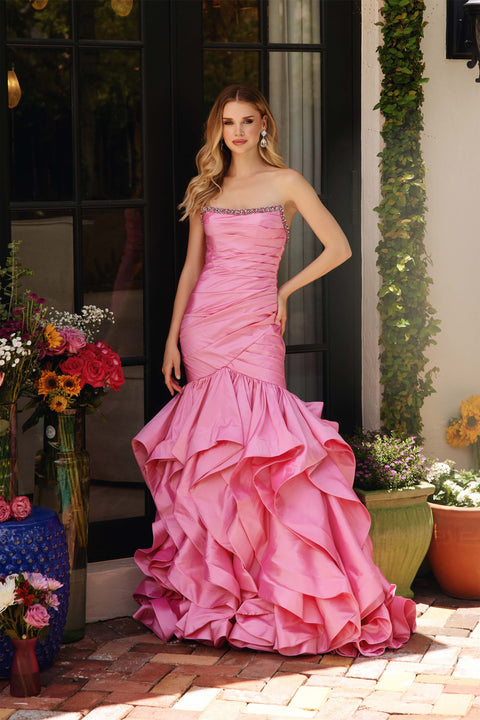 Ava Presley 40068 strapless pink mermaid gown with ruffles