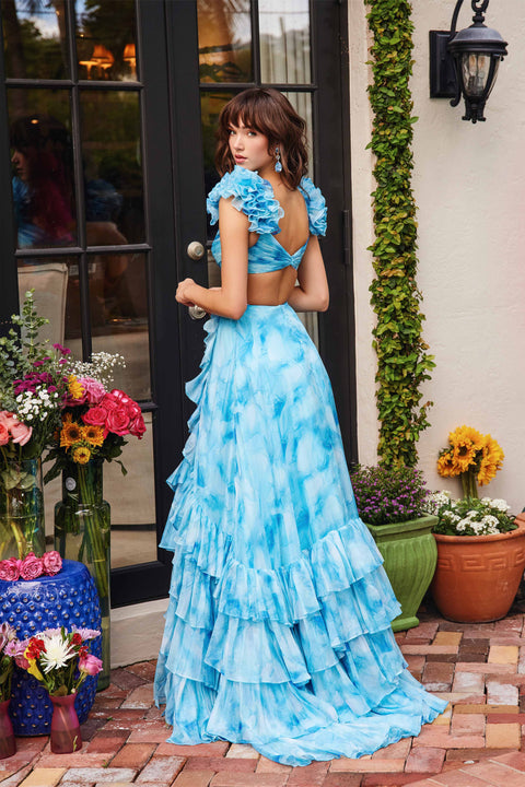 Ava Presley 40117 ruffled blue dress with high slit
