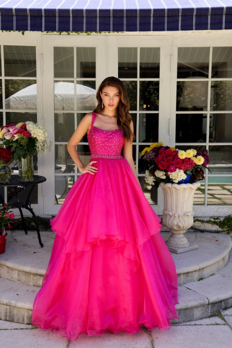 Ava Presley 29523 vibrant pink embellished ball gown with tiered tulle skirt