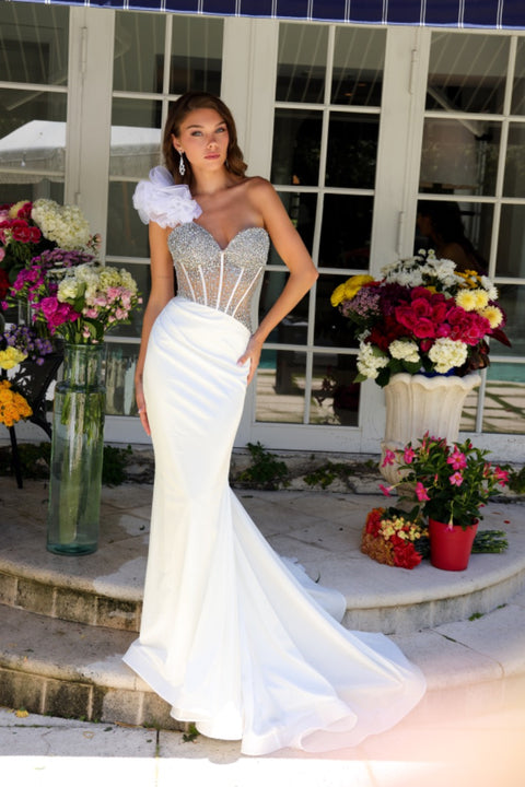 Ava Presley 39558 one-shoulder gown with ruffle detail