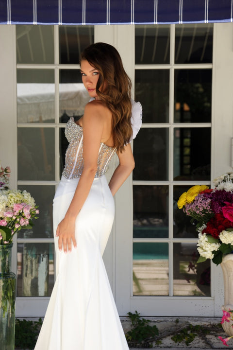 Ava Presley 39558 fitted gown with sheer embellished top