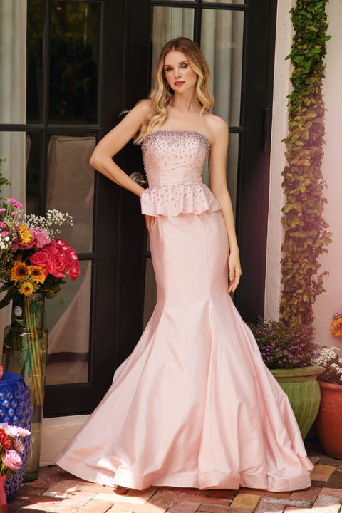 Ava Presley 40092 timeless strapless gown with modern peplum detail