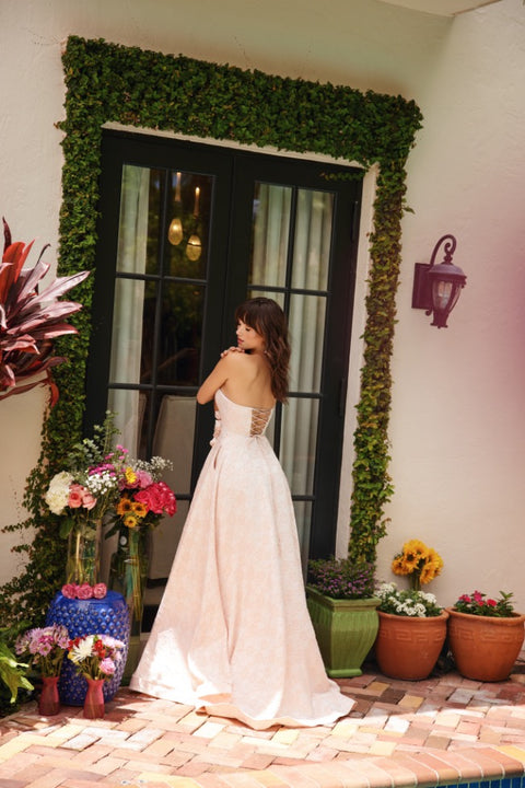 Ava Presley 40097 strapless gown with modern slit detail