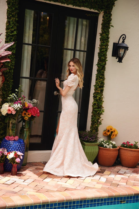 Ava Presley 40100 feminine gown with side slit and fitted silhouette