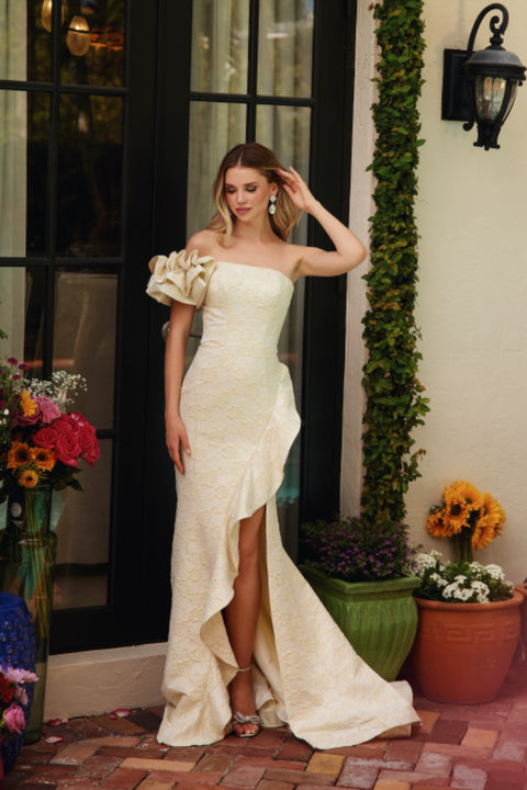 Ava Presley 40146 ivory formal dress with dramatic ruffle shoulder