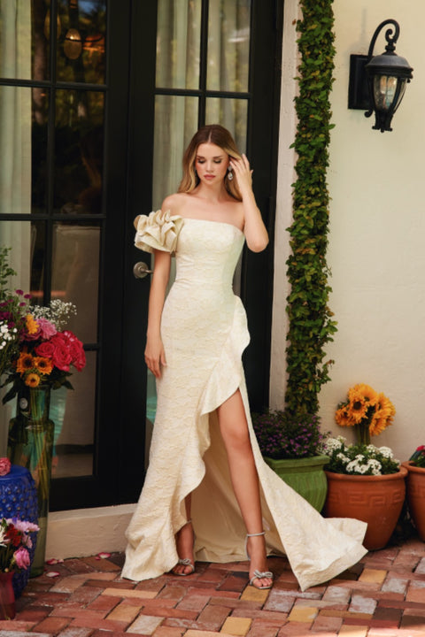 Ava Presley 40146 elegant prom gown with bold ruffled sleeve