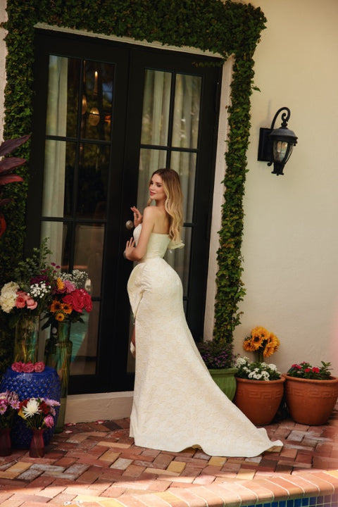 Ava Presley 40146 floral textured dress with asymmetrical skirt