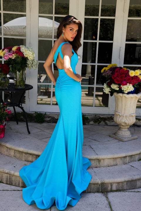 Ava Presley 40014 modern turquoise gown with dramatic silhouette