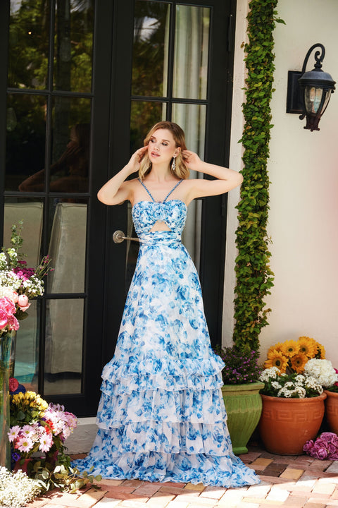 Ava Presley 40026 feminine chiffon dress with floral details and tiered hem