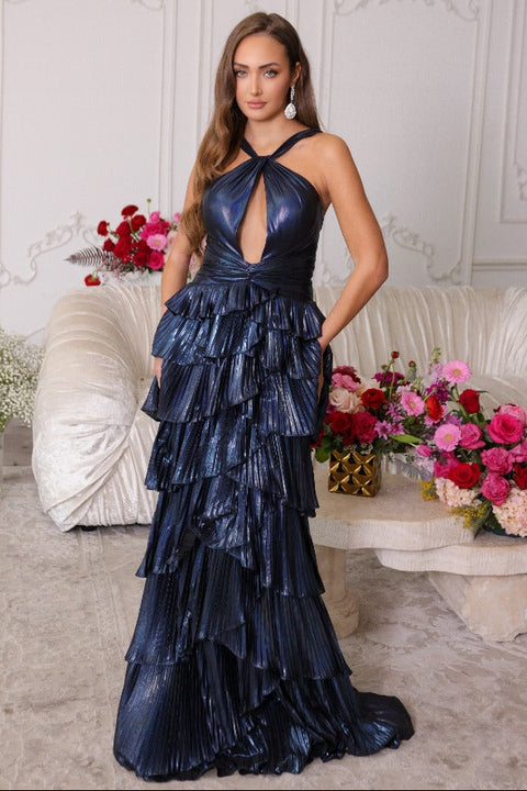 Ava Presley 47105 metallic jersey halter gown with sweep train